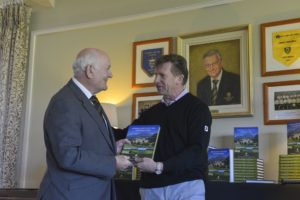 5) Tom Clarke, Director of Powerscourt Estate and retired former General Manager is presented with a copy of the 20th Anniversary Book by Fellow PGA Golf Professional Paul Thompson. Tom has worked for Powerscourt Estate for over 50 years. 