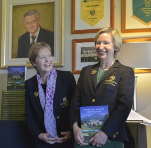 7) 20th Anniversary Lady Captain Aedamar Dunne receives the Powerscourt Golf Club 20th Anniversary Book from 2017 Lady Captain Christine O’Neill. 